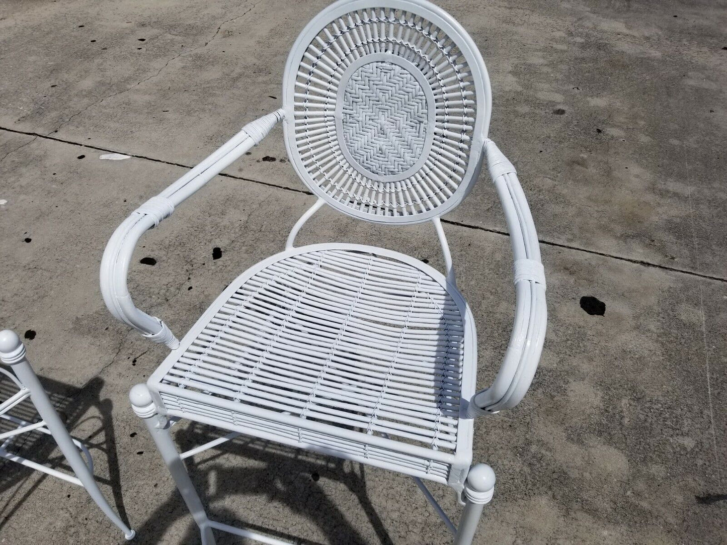 Set of 3 Palm Beach Coastal White Wrought Iron Bar Stools Bamboo Rattan Bentwood