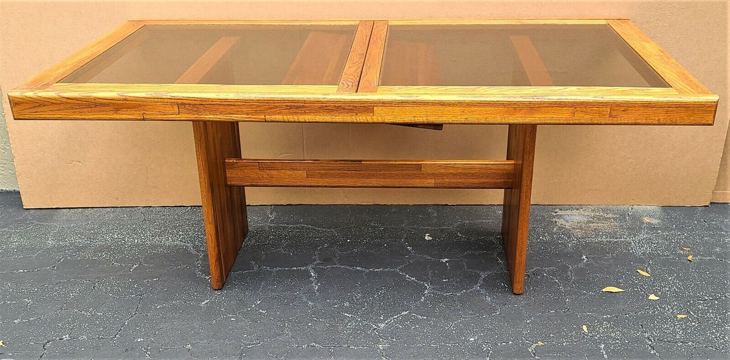 MCM Vintage Solid Teak Smoked Glass Extendable Pop Up Leaf Dining Table
