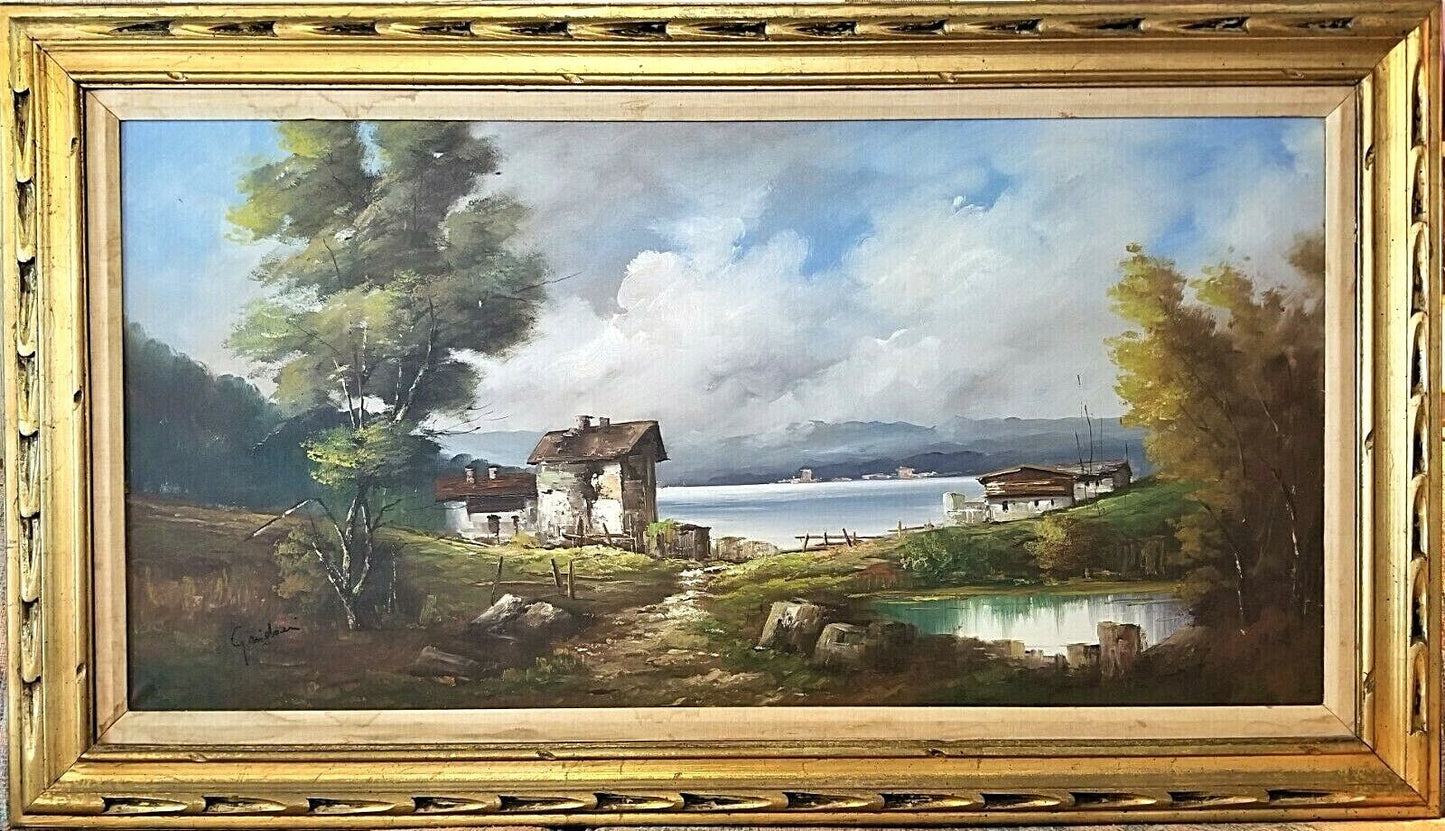 Wonderful Mid Century Artist Signed Italian Lakeside Landscape Oil Painting