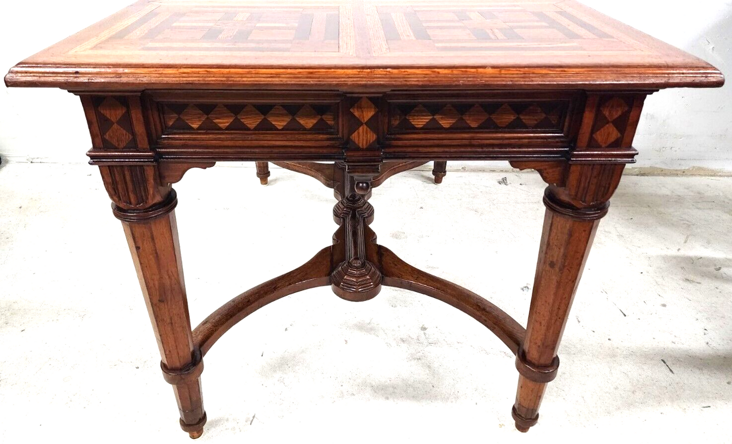 Antique Library Dining Table English 4 Drawer w Glass Top