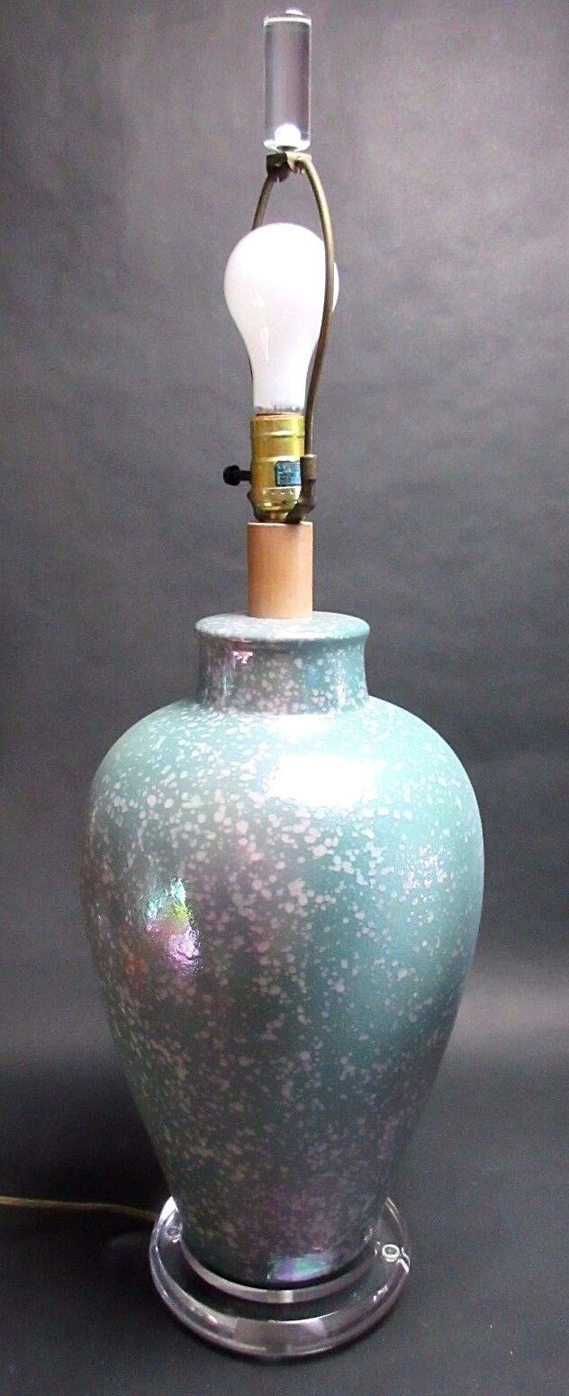 XL Vintage Textured Ceramic Lucite Table Lamp Turquoise Greens Pink Speckled 31"