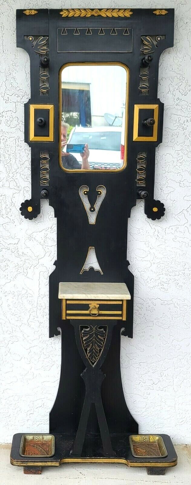 Antique M & H Solid Wood Hall Tree with Marble Top and Drawer