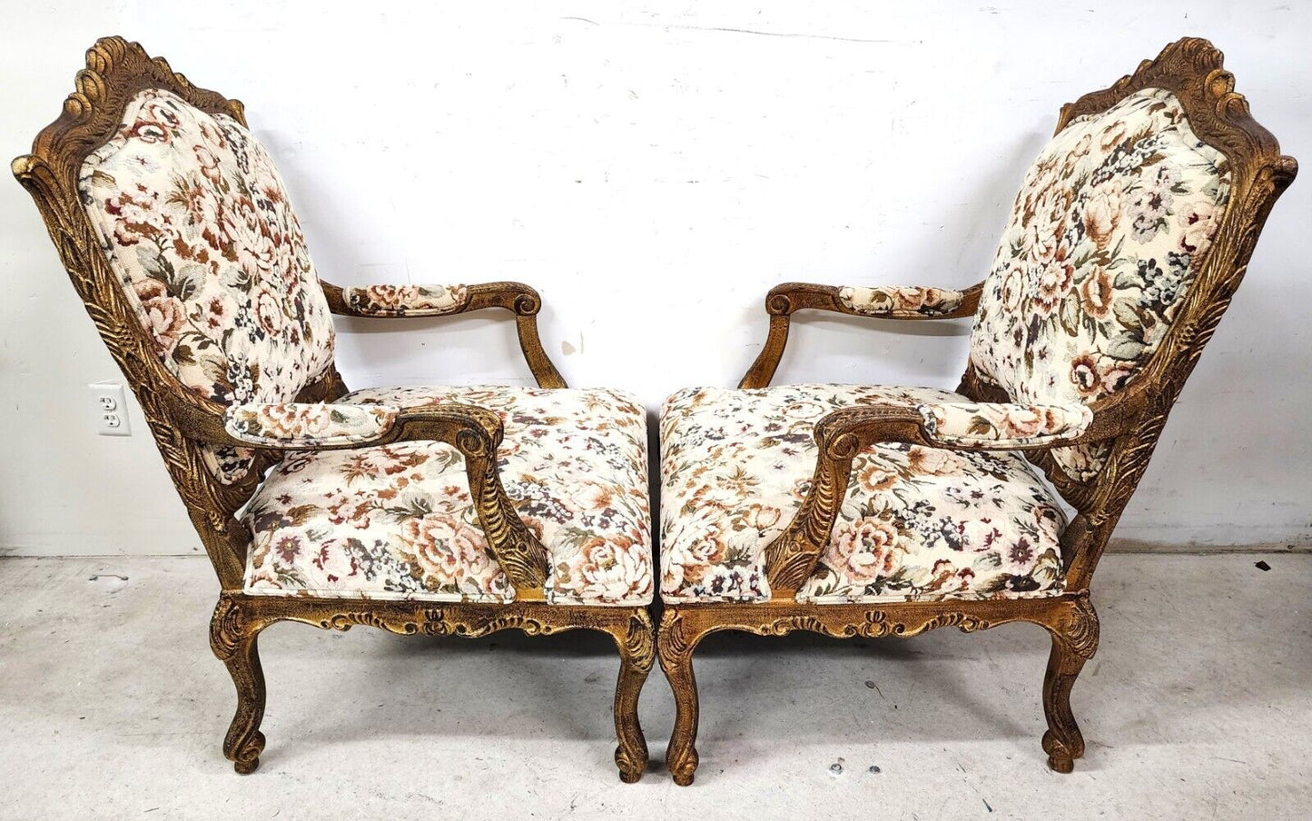 French Louis XV Rococo Giltwood Fauteuil Oversized Armchairs - a Pair