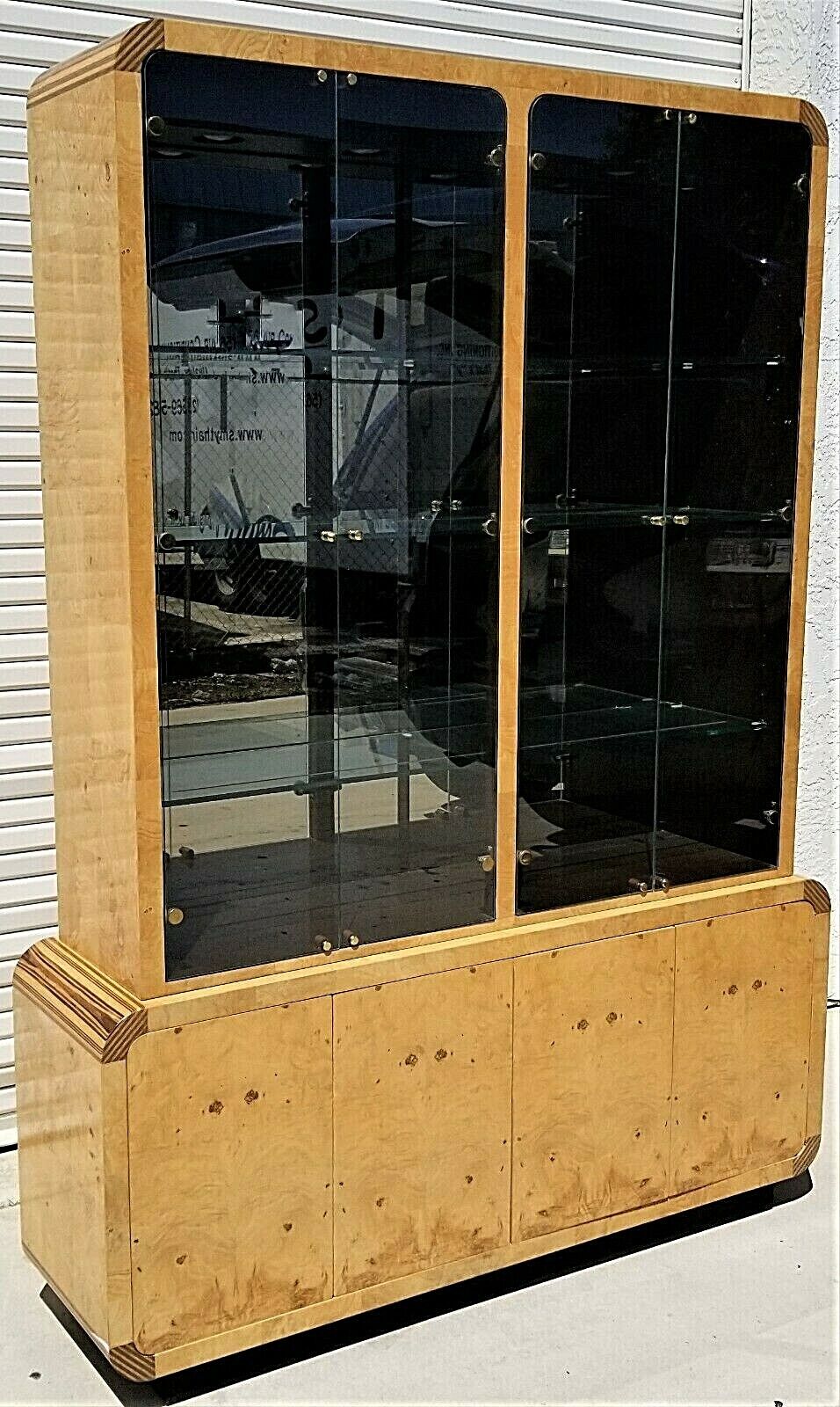 70's Milo Baughman Style HENREDON Scene Two Olive Burl Display Cabinet Case 2 Pc