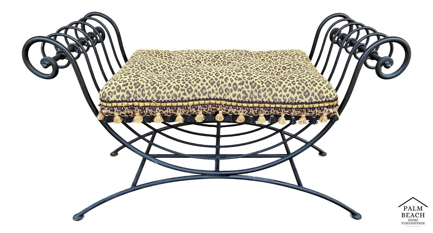 Vintage Italian Scrolled Wrought Iron Bench with Tasseled Faux Leopard Cushion