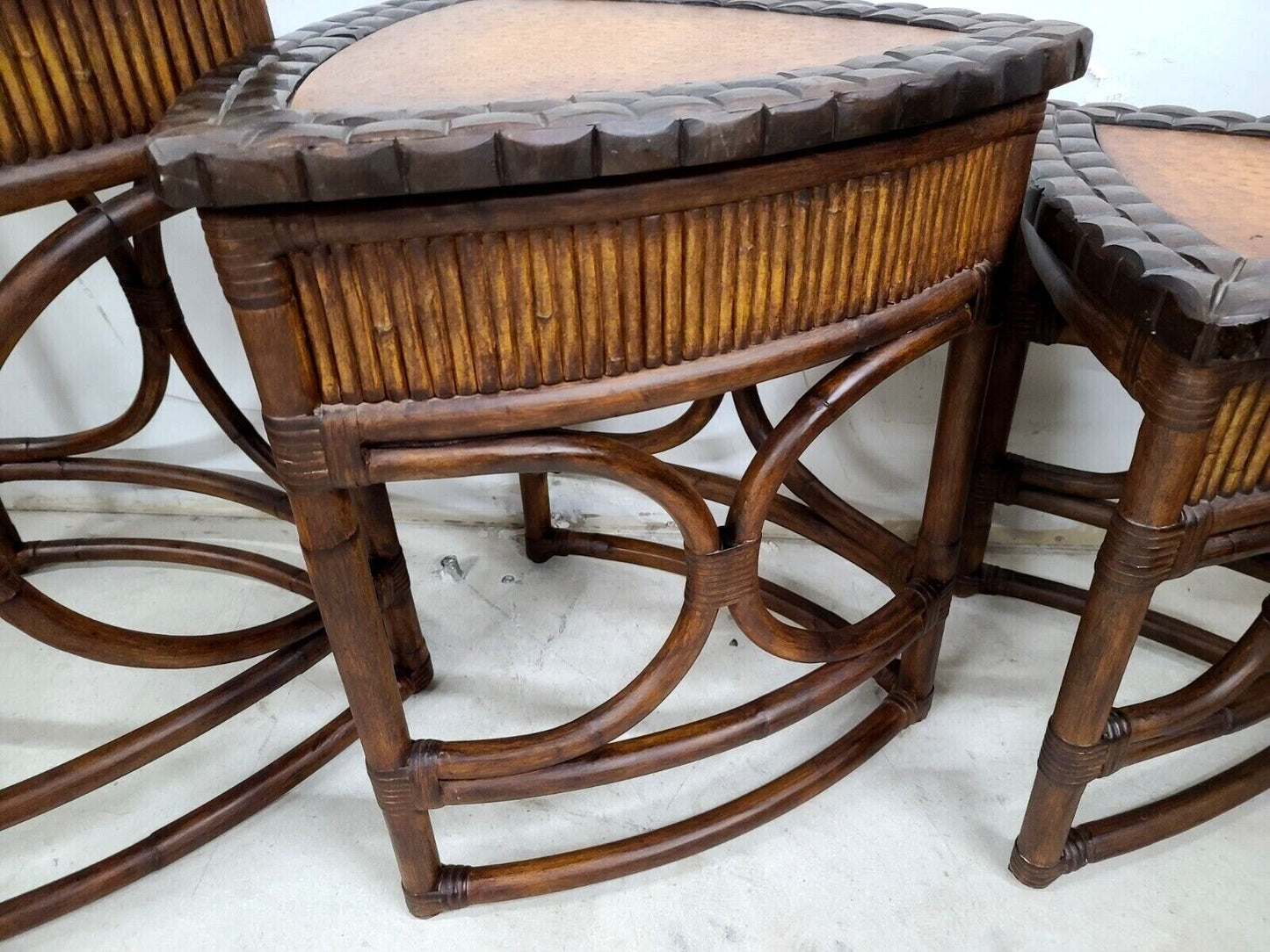 (3) Vintage Bamboo Rattan Coconut Shell Ostrich Nesting Tables