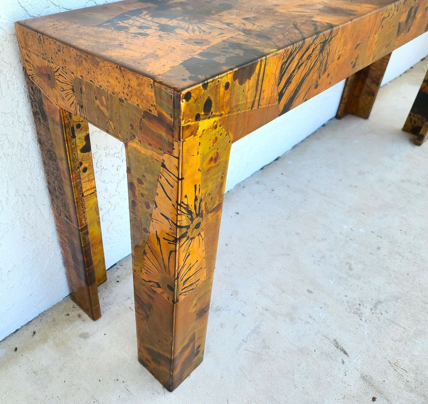 1970s Brutalist Copper Patchwork Console Table - Style of Paul Evans