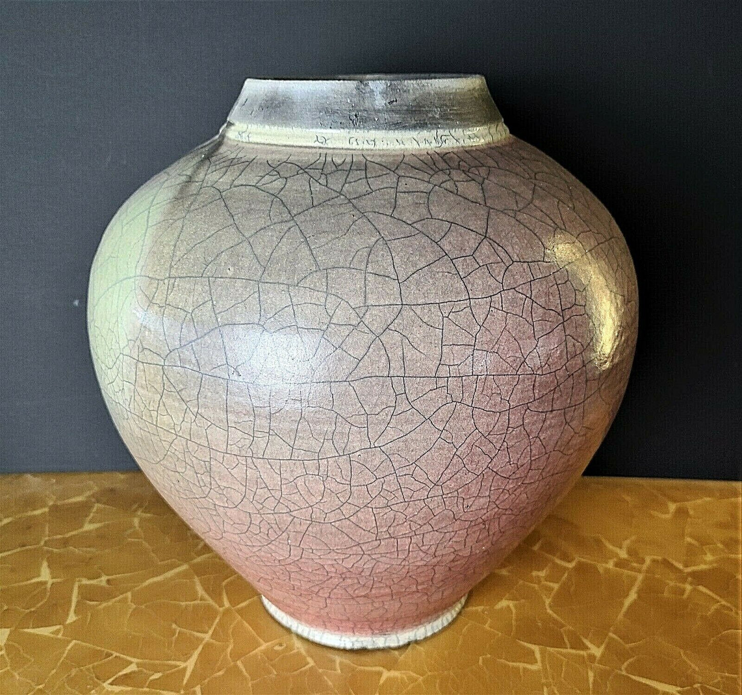 Large Signed Native American Style 2 Tone Crackle Glaze Raku Pottery Vase