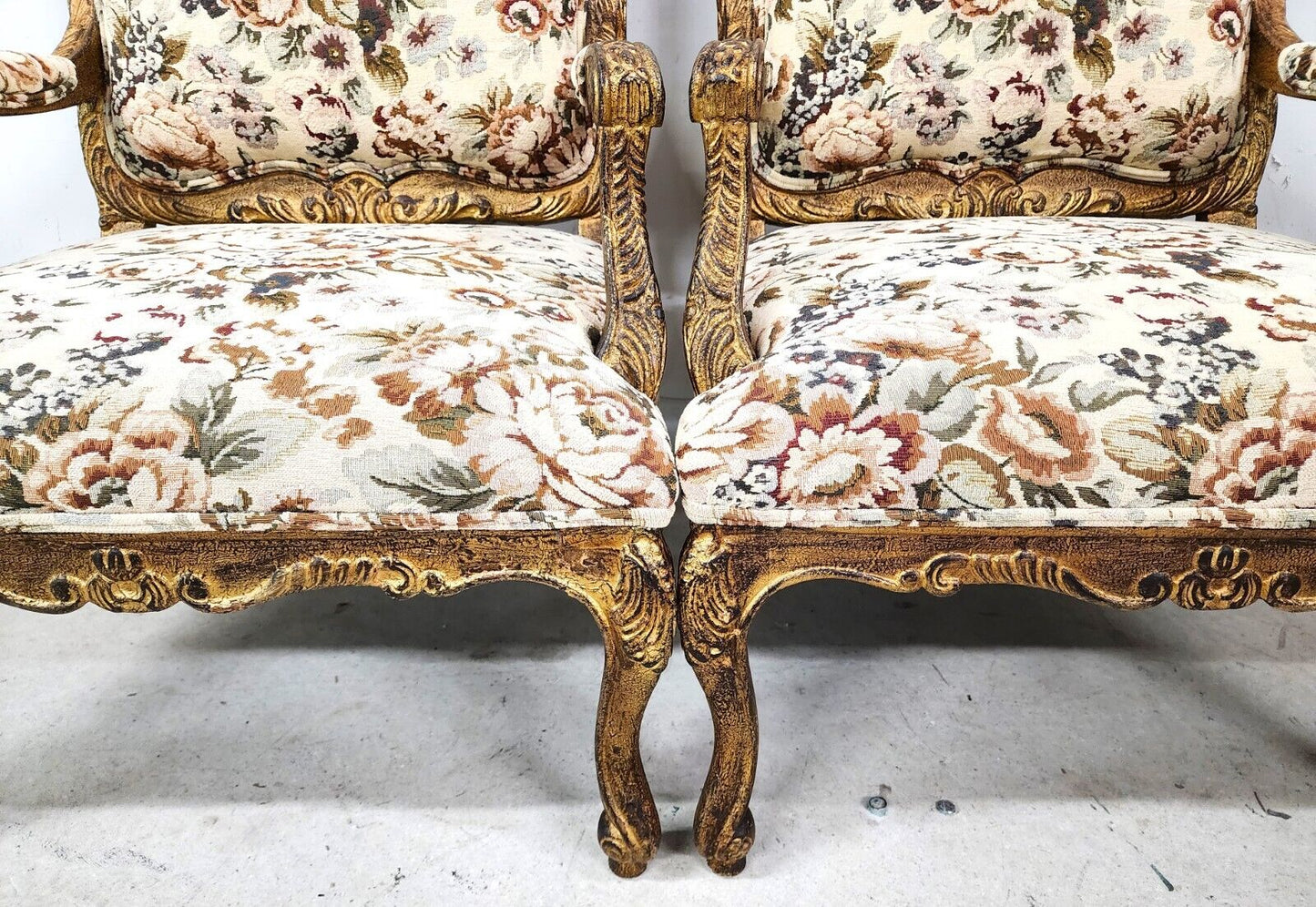 French Louis XV Rococo Giltwood Fauteuil Oversized Armchairs - a Pair