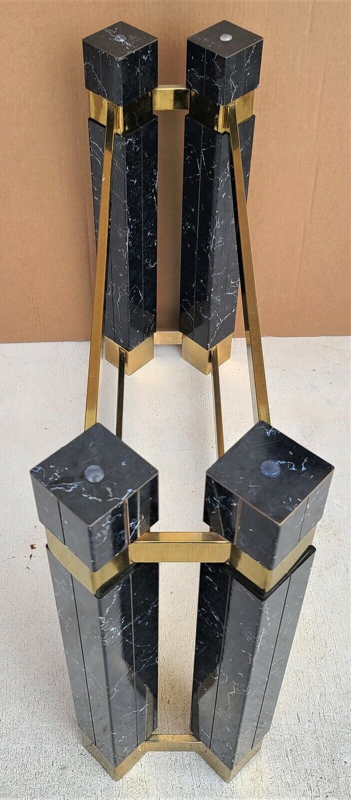 1980's Hollywood Regency Brass Faux Marble & Beveled Glass Console Table