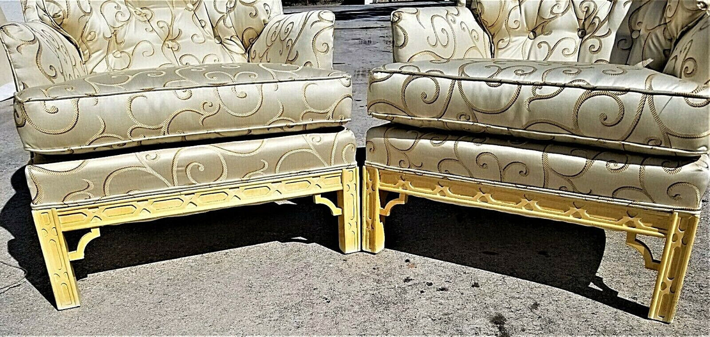 (2) Regency Asian Chinoiserie Style Tufted Barrel Back Club Lounge Armchairs