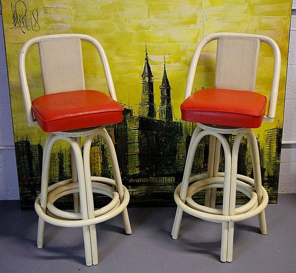 Set of 2 1960's Rattan Retro Mod Bamboo Cane Back Swivel Bar Stools