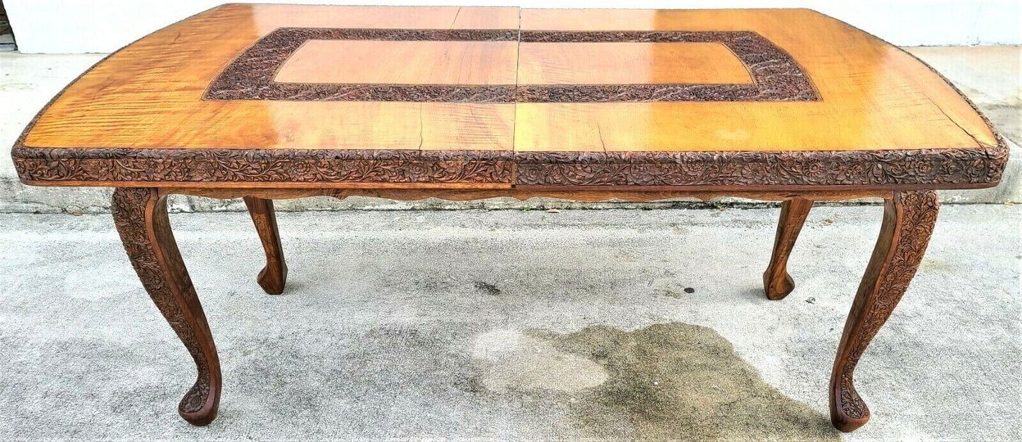 Antique c 1900's All Hand Carved Floral Design Solid Wood French Dining Table