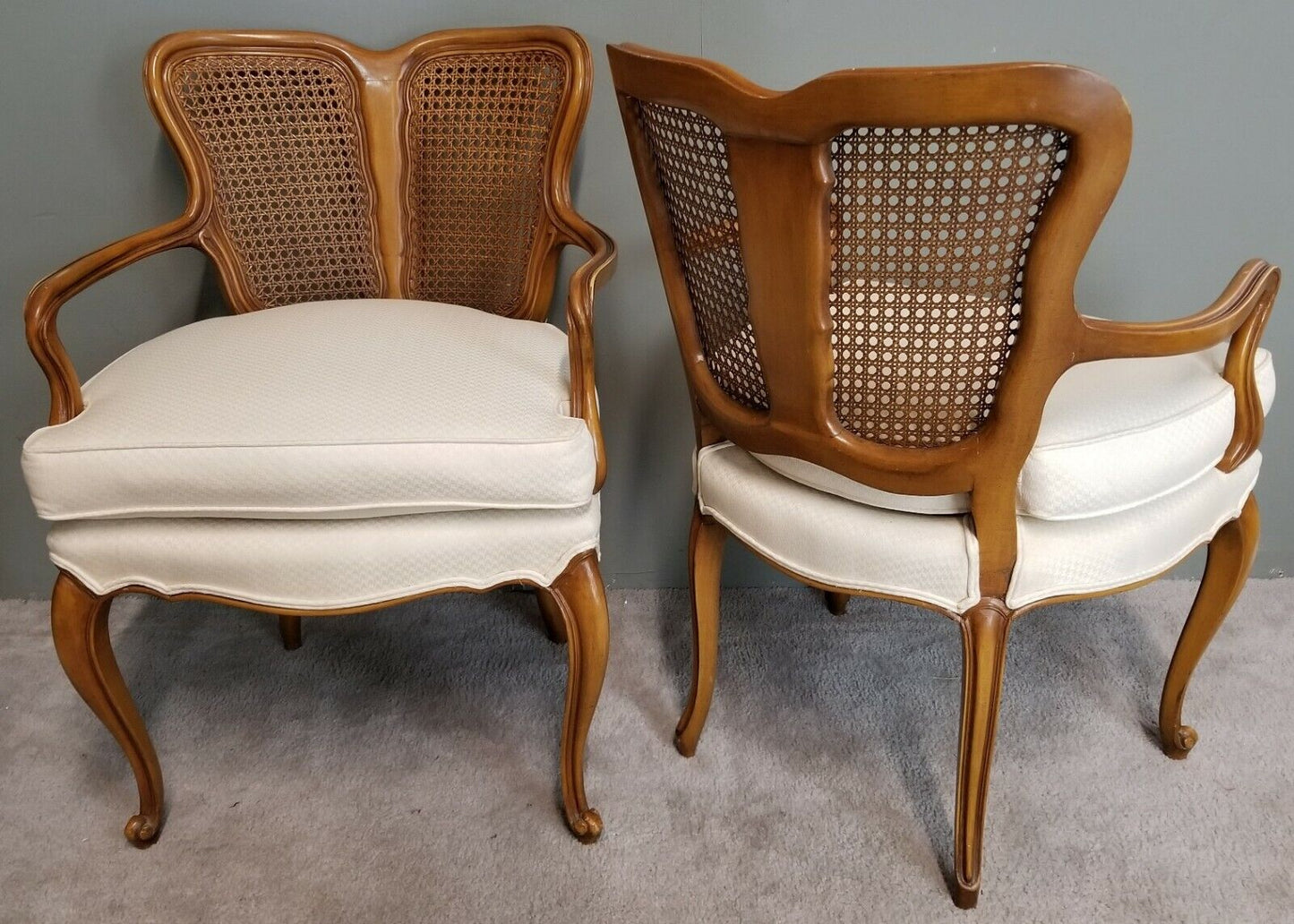 (2) French Provincial Fauteuil Carved Wood Upholstered Accent Chairs Armchairs