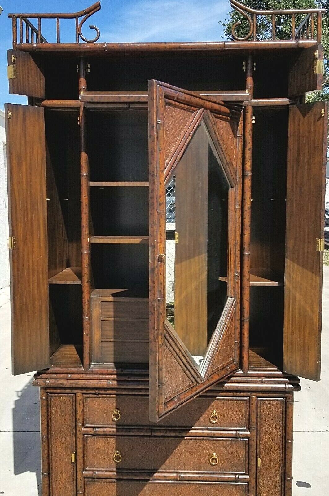 MAITLAND SMITH Asian Chinoiserie Chippendale Wardrobe Armoire Bamboo Wicker