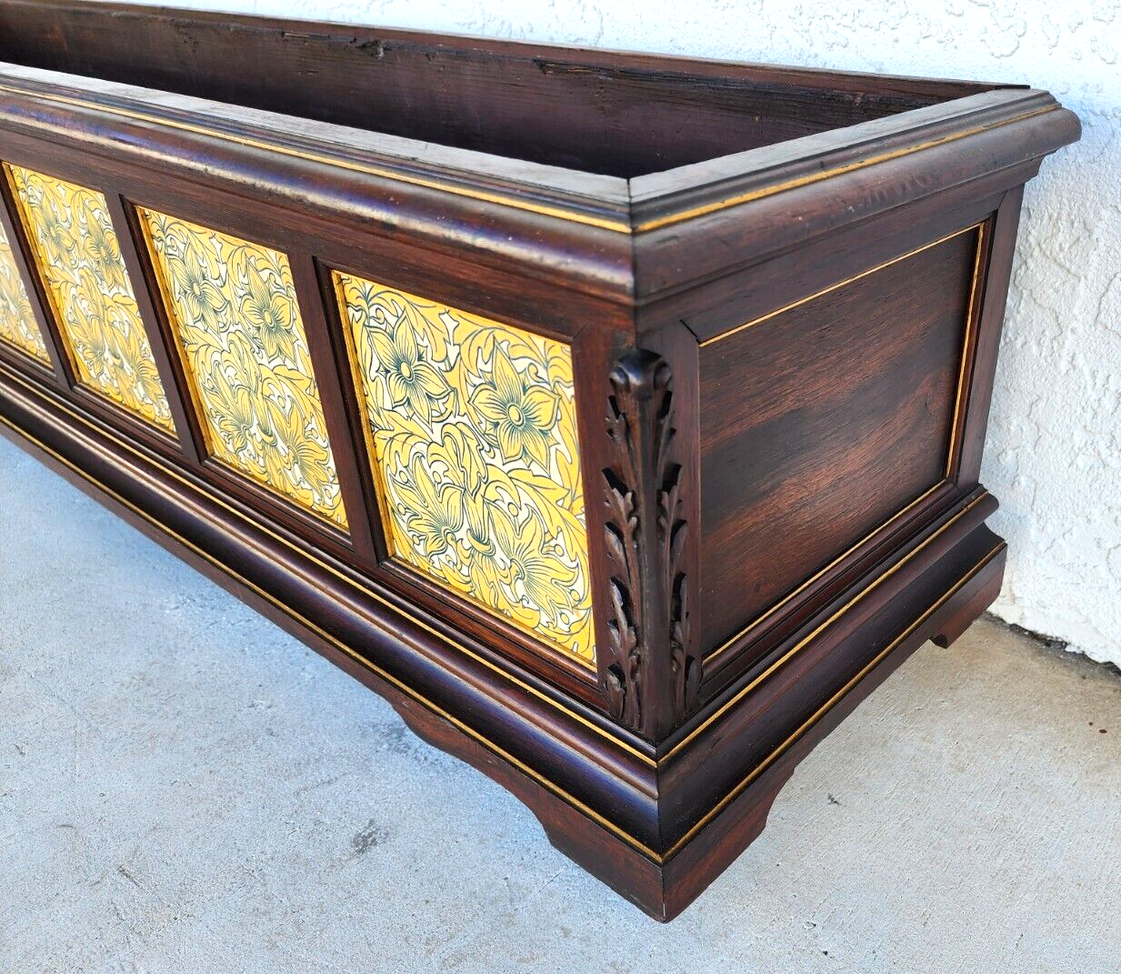 Antique English Tile Mahogany Planter Rolling 1930's