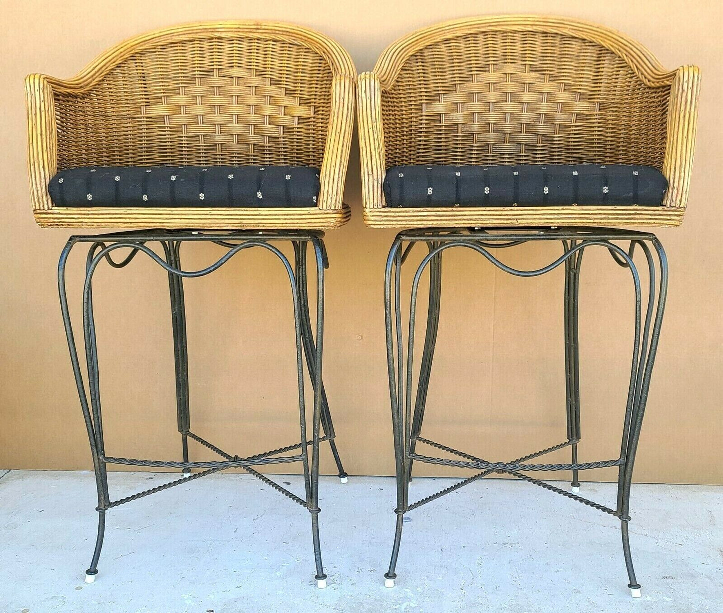 BRAXTON CULLER Wicker & Wrought Iron Swivel Barstools - A Pair