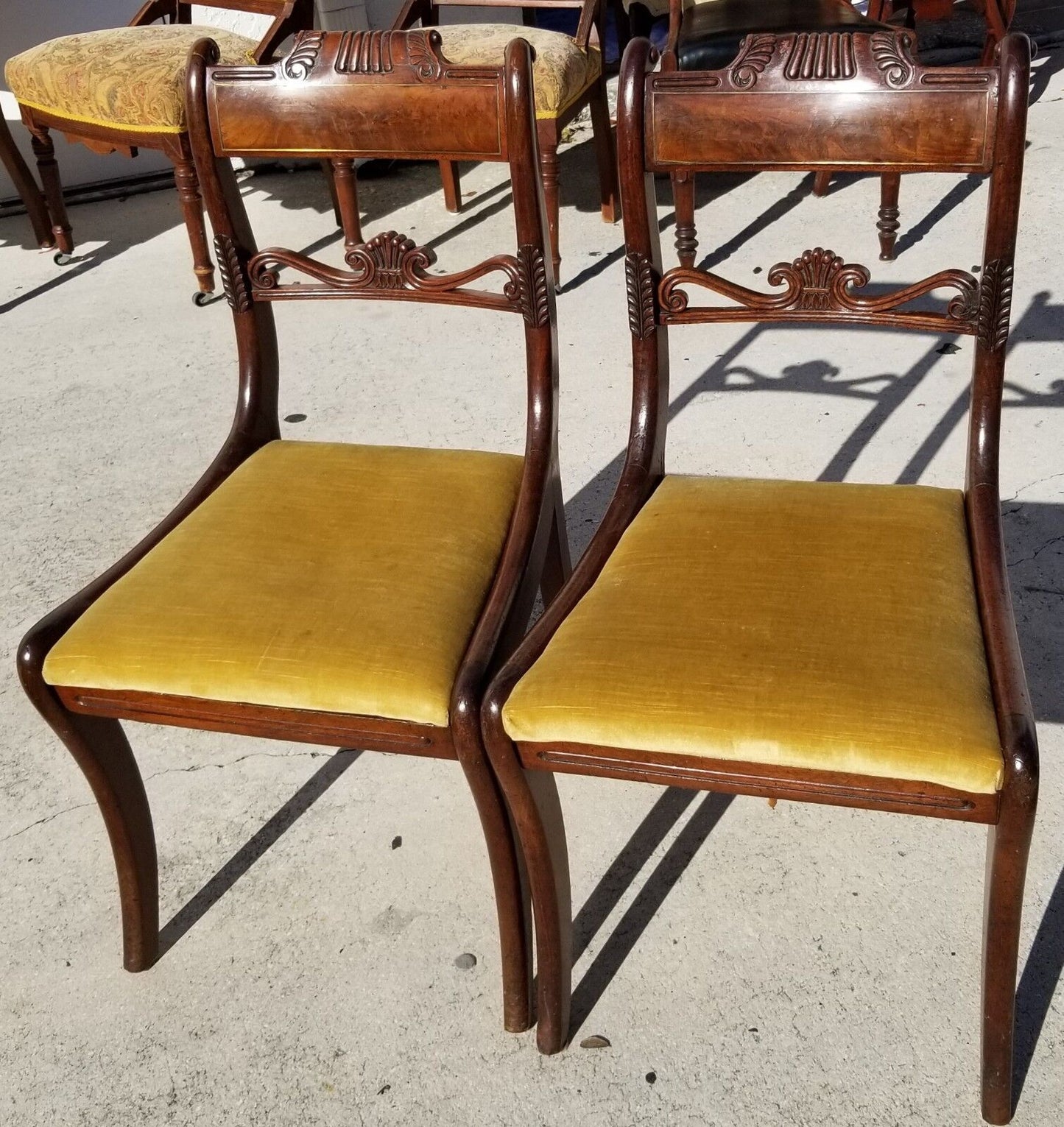 (1) ONLY William IV ca 1830 Hand Carved Mahogany Chairs Burl Bar Back Brass Inlay