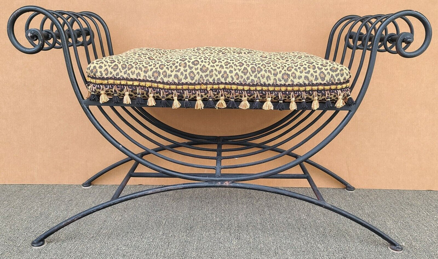 Vintage Italian Scrolled Wrought Iron Bench with Tasseled Faux Leopard Cushion