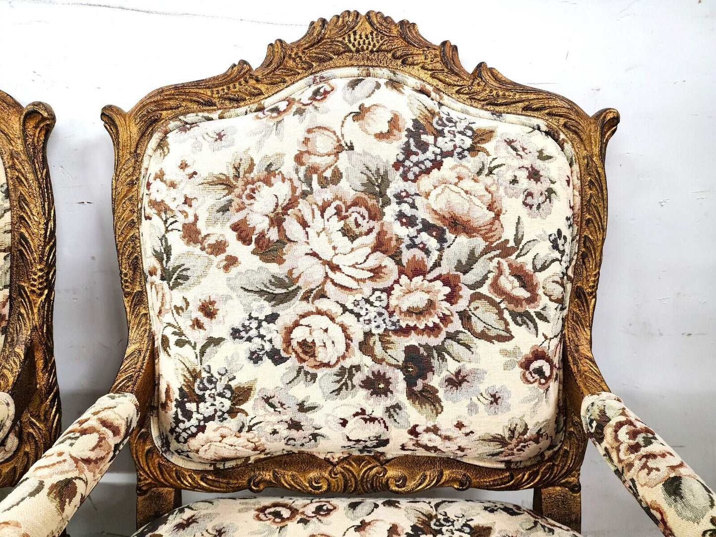 French Louis XV Rococo Giltwood Fauteuil Oversized Armchairs - a Pair