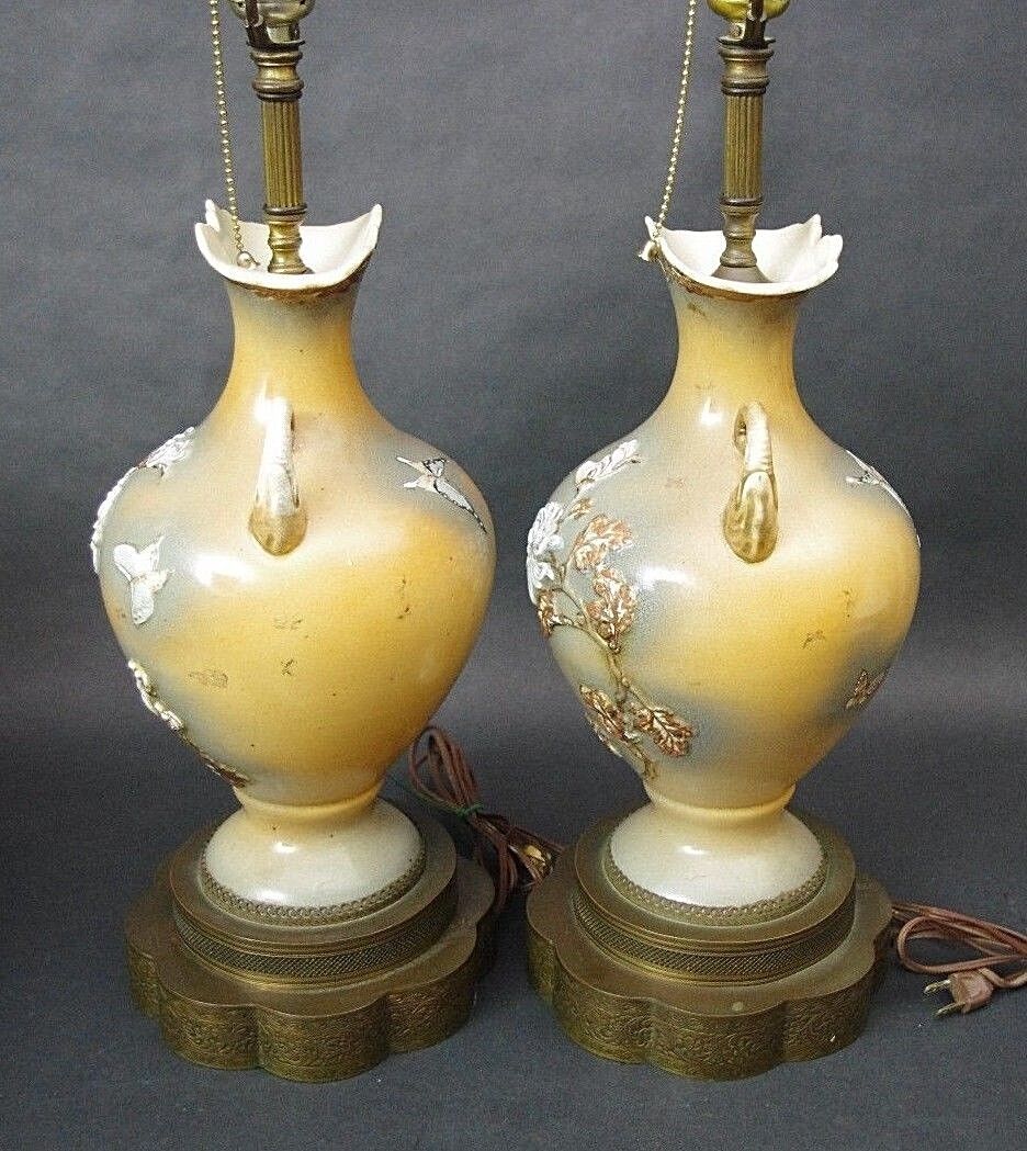 2 Mid Century MAO PERIOD Amphora Elephants Butterflies Flowers Chinese Table Lamps