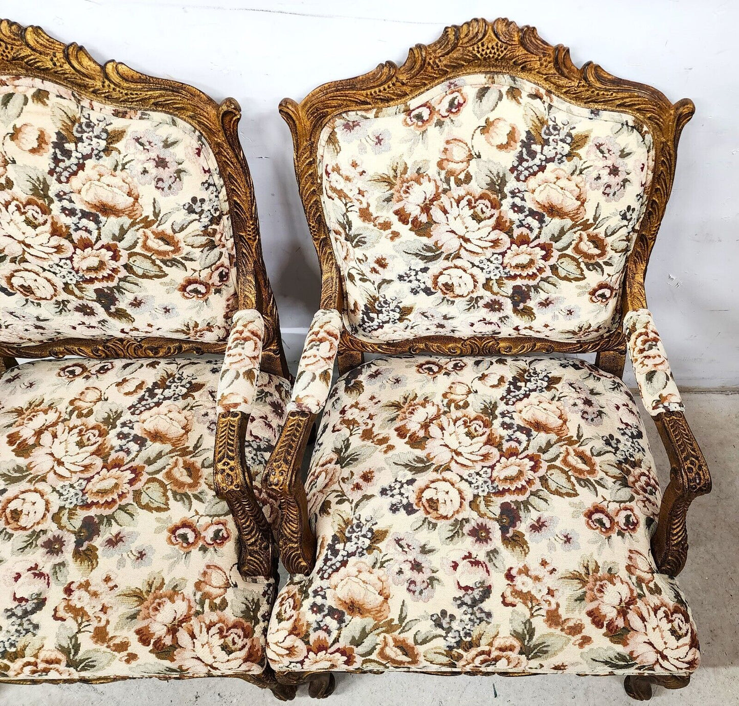 French Louis XV Rococo Giltwood Fauteuil Oversized Armchairs - a Pair