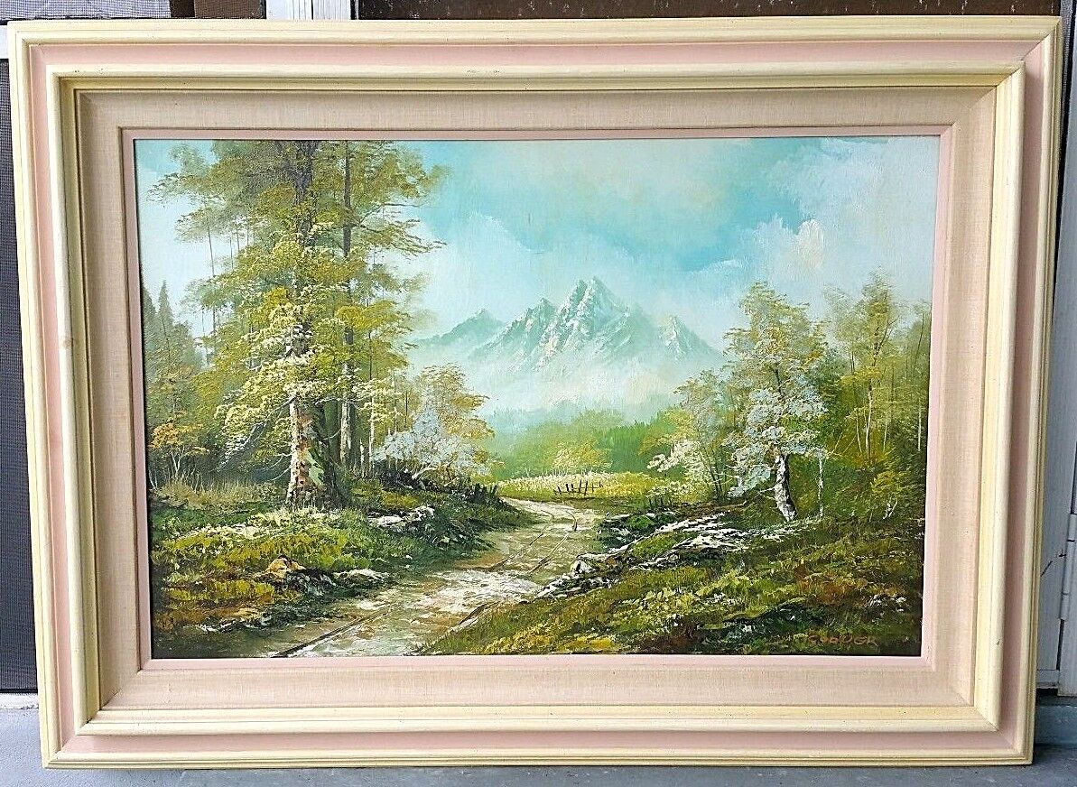 Vtg Estate Signed by Cooper Landscape Oil Painting Mountains Forest Path