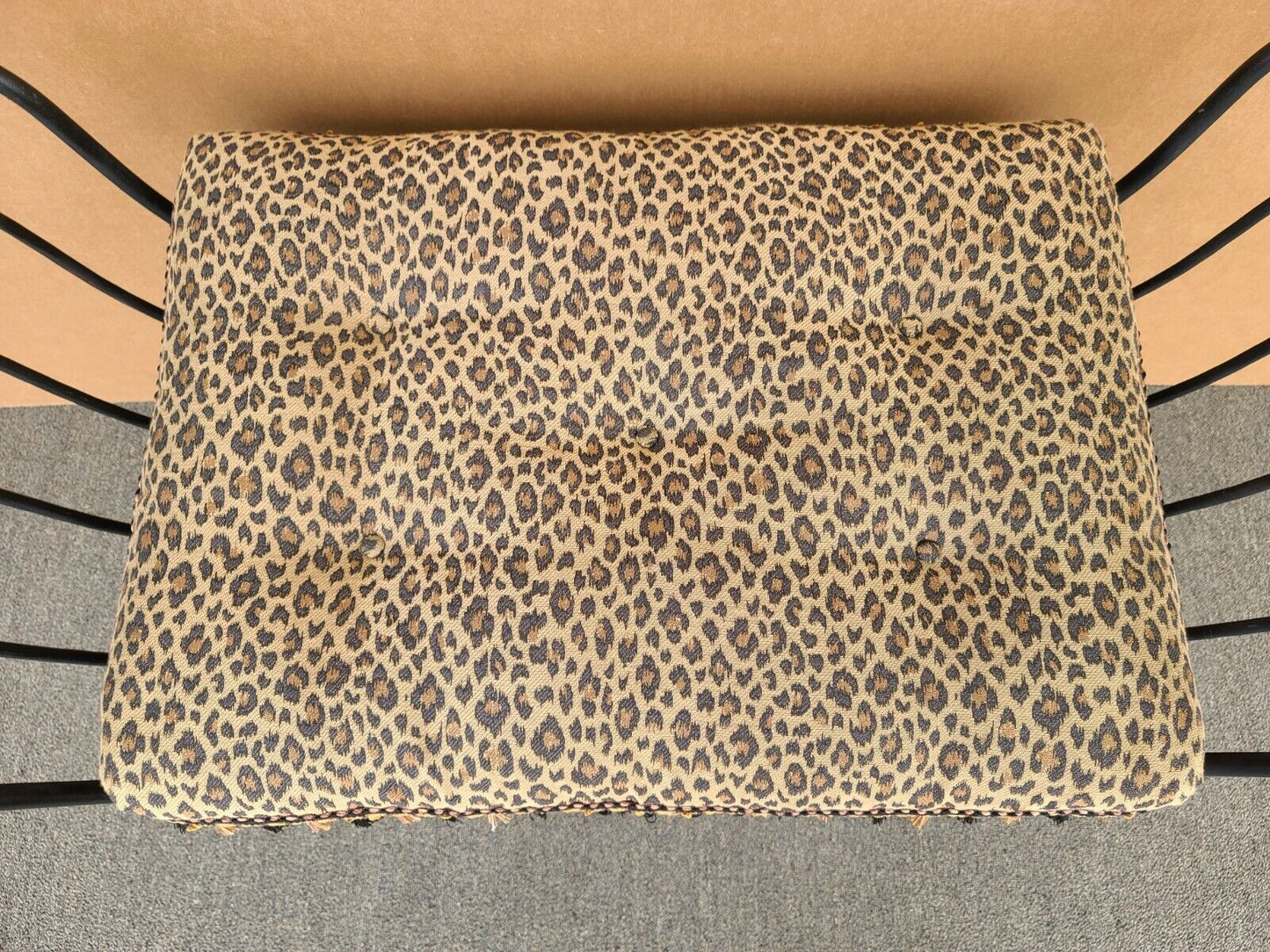 Vintage Italian Scrolled Wrought Iron Bench with Tasseled Faux Leopard Cushion