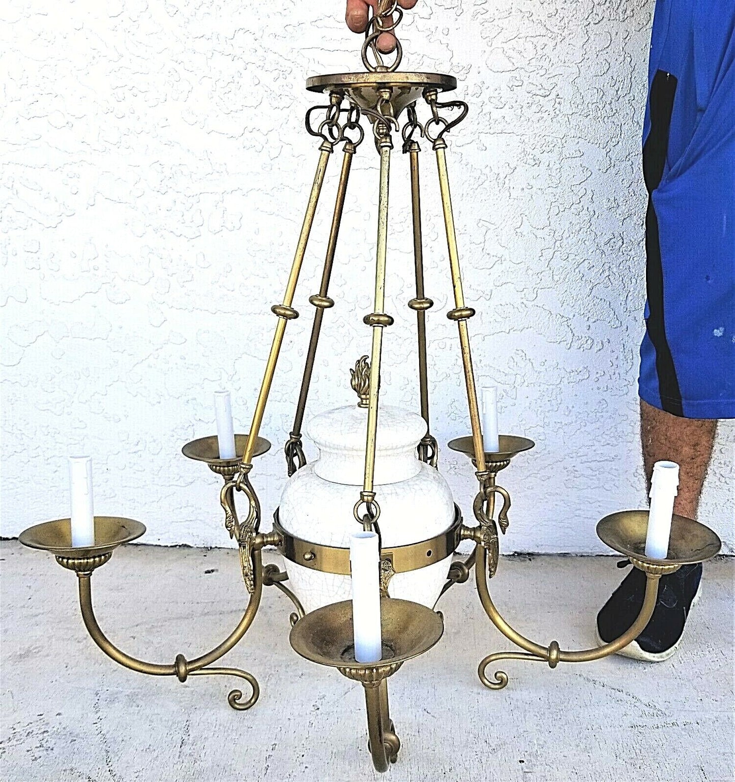 Vtg French Empire Brass Swans 5 Light Ceramic Urn Style Chandelier