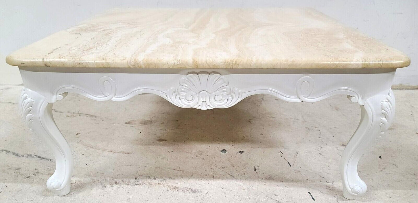 French Provincial Travertine Marble & Wood Cocktail Coffee Table