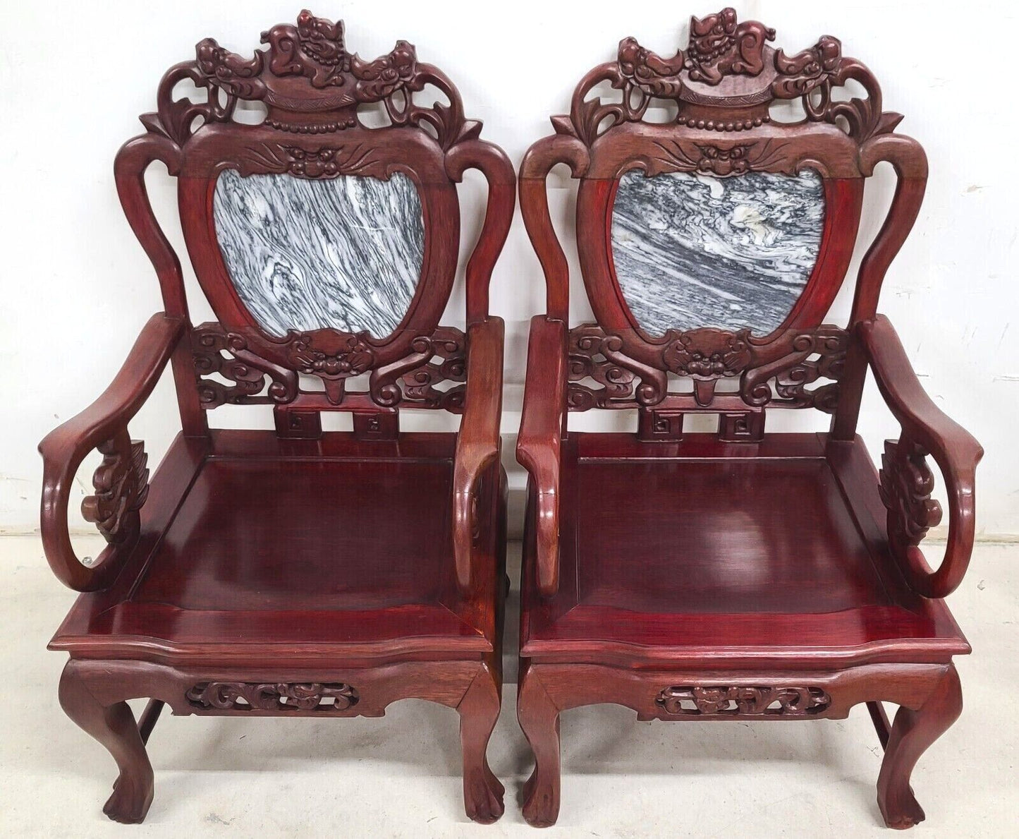 Mid Century Chinese Asian Rosewood & Marble Armchairs - A Pair