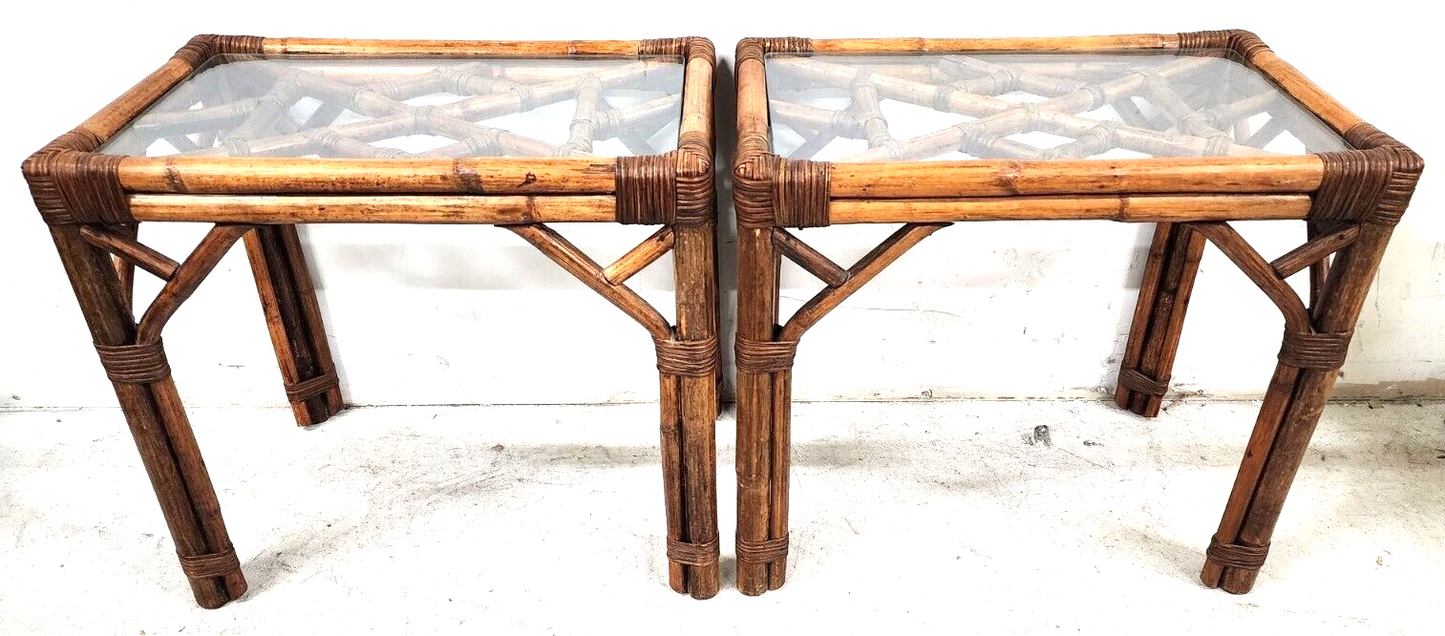 Vintage French Bamboo Rattan Glass Side Tables 1960s - A Pair