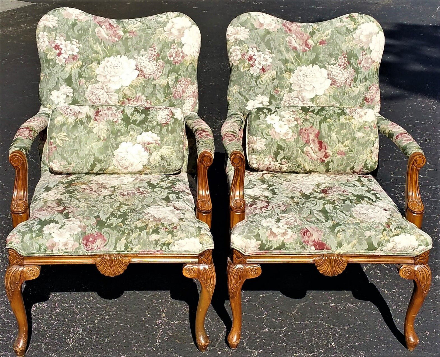2 CHATEAU DA'X Country French Provincial Tropical Carved Wood Fauteuil Armchairs