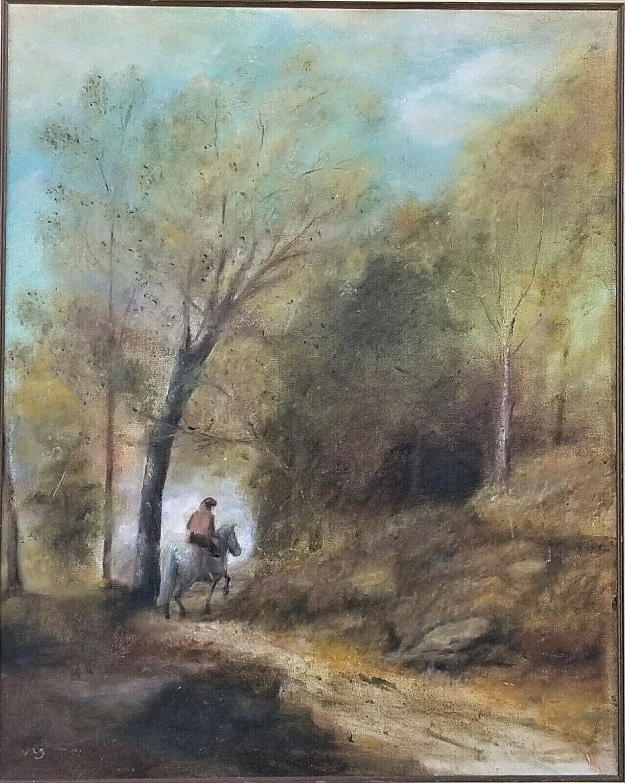 Vintage Signed "A. S." Horse and Rider in the Forest Painting on Canvas 30 x 24