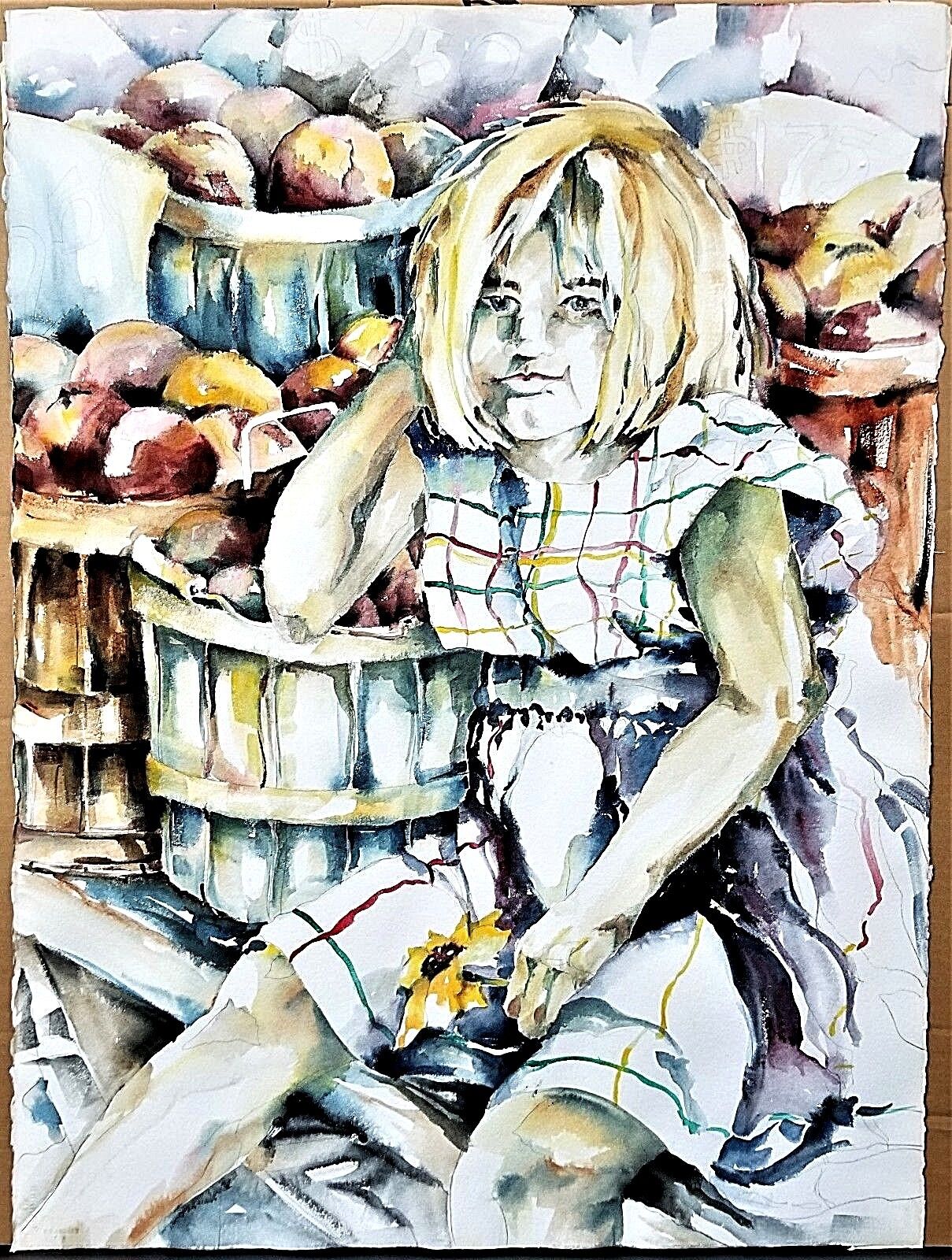 Large Original Watercolor Painting of Girl Selling Fruit Vegetables 30" x 22"