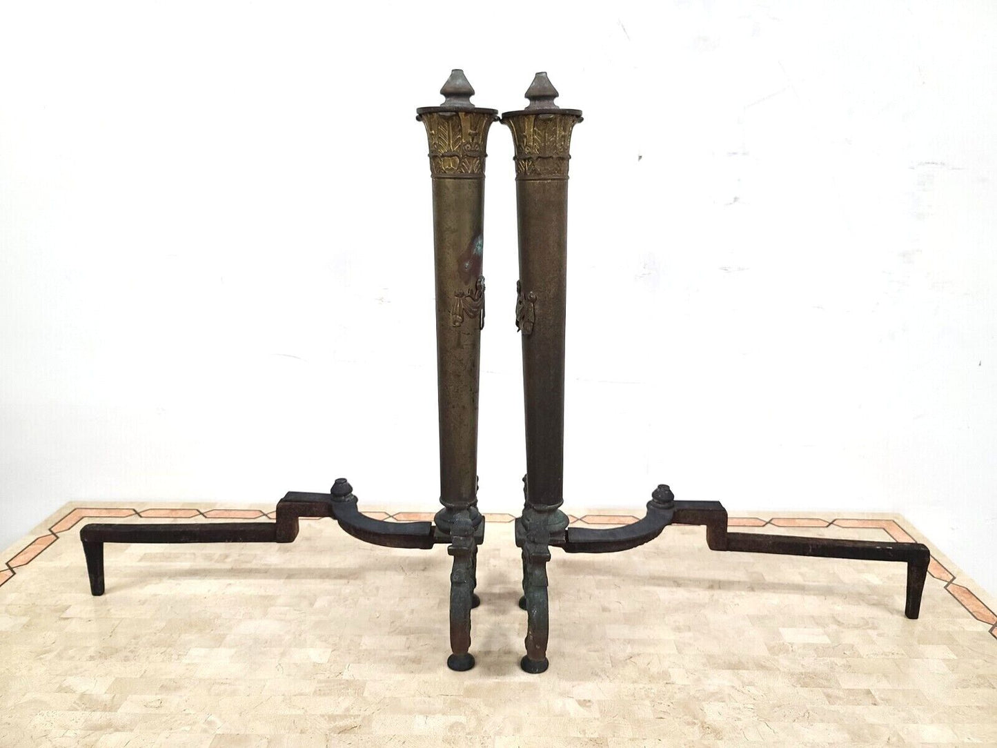 Antique Brass Dragons Fireplace Andirons - a Pair