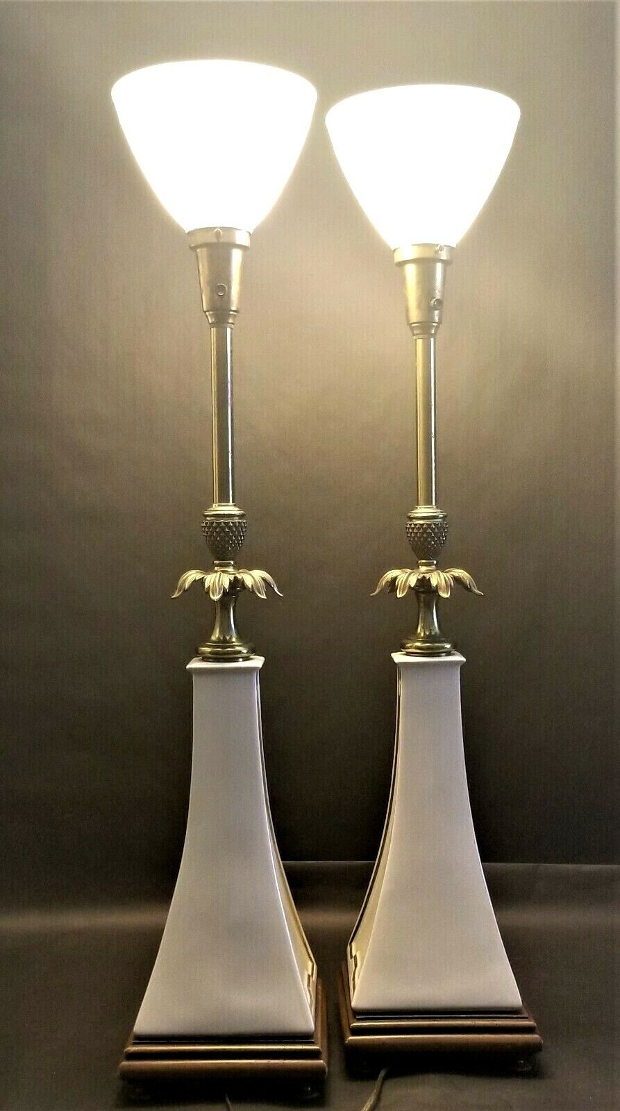 Pair of STIFFEL LENOX Obelisk Torchier Porcelain and Brass Table Lamps