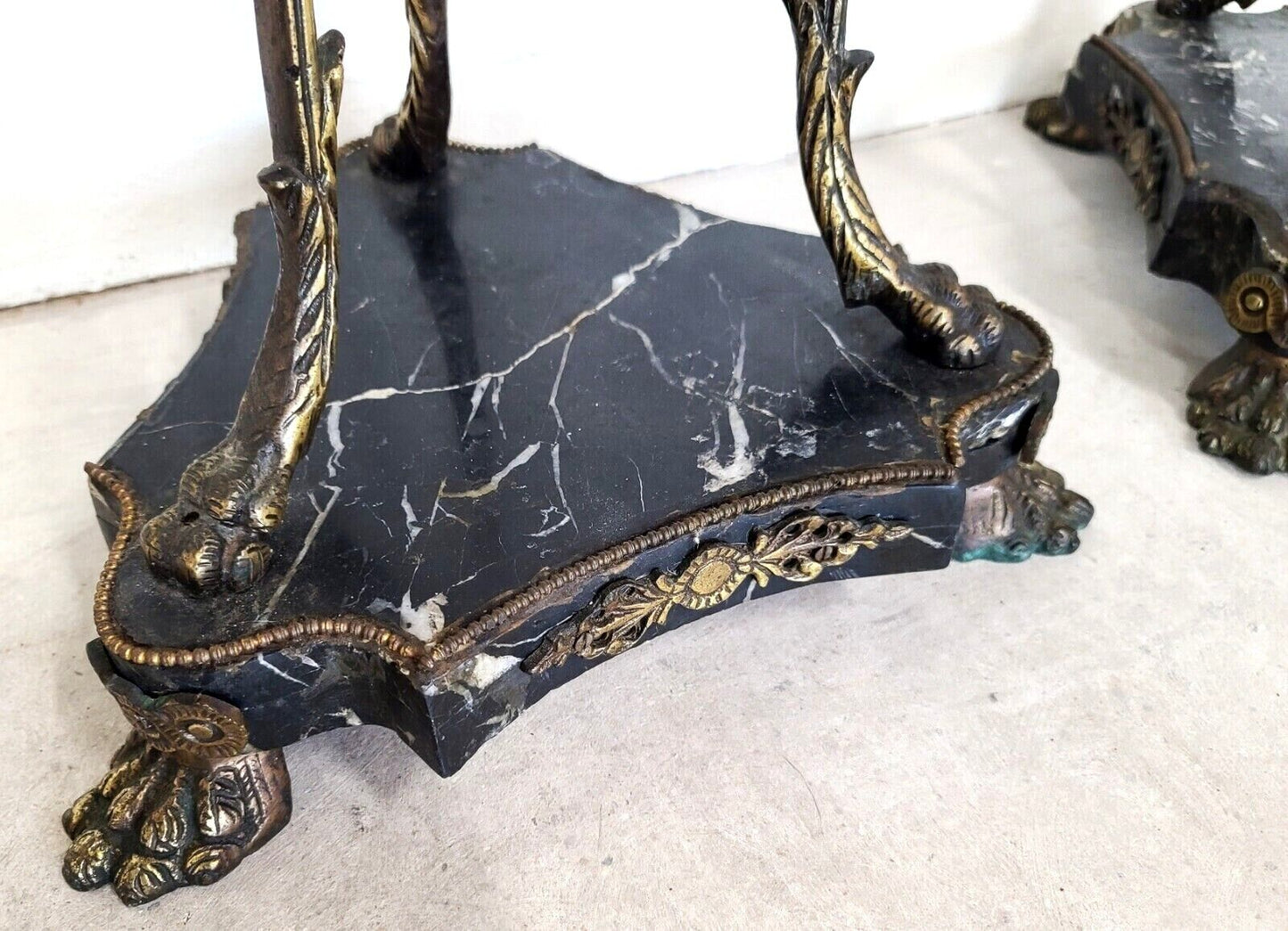 Antique Grand Entrance Italian Brass Griffins & Marble Display Stands - A Pair