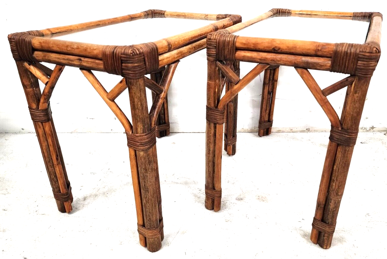 Vintage French Bamboo Rattan Glass Side Tables 1960s - A Pair