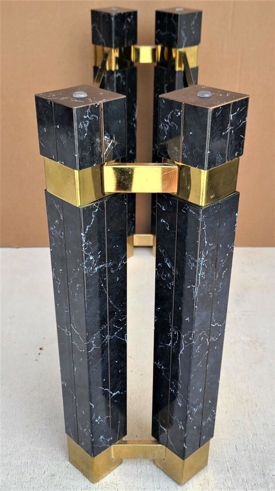 1980's Hollywood Regency Brass Faux Marble & Beveled Glass Console Table