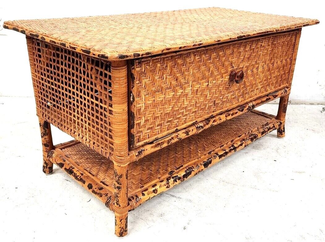 Vintage French Bamboo Rattan Glass Side Tables 1960s - A Pair