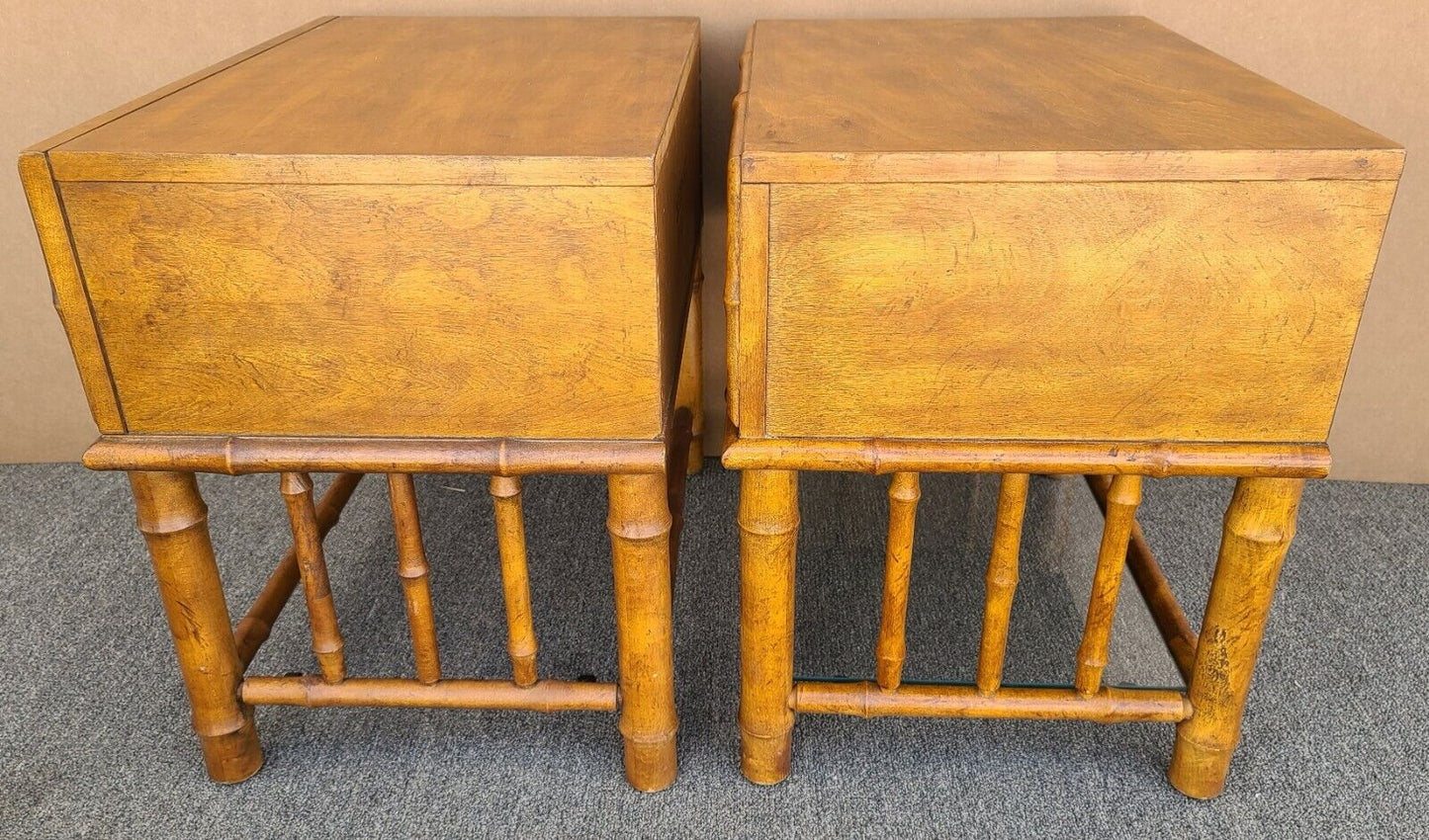 (2) MCM American of Martinsville Side End Tables Nightstands Wicker Faux Bamboo