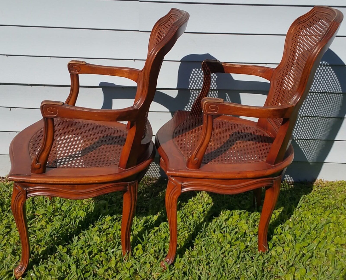 Pair of Vintage Louis XV French Provincial Country Cane Back & Seat Armchairs