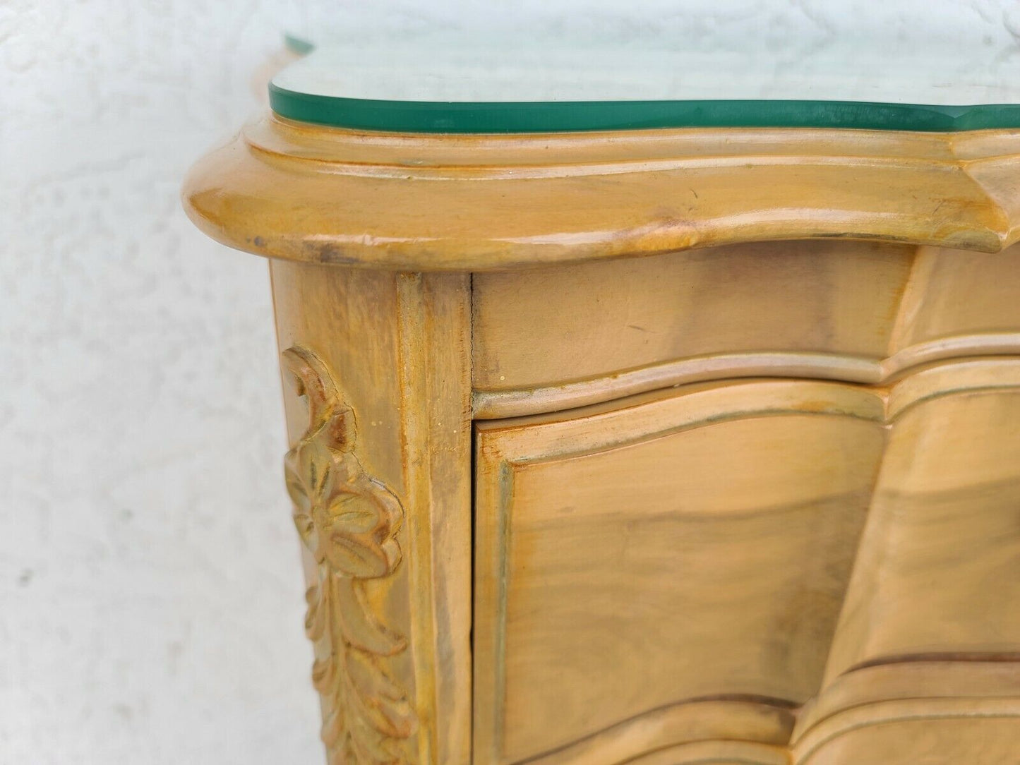 Vintage Dresser Olive Burl Light Wood French Louis XV Sculpted Glass Top