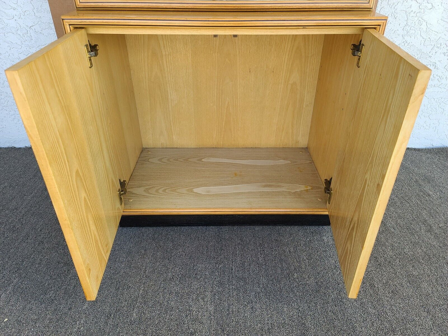 70's Milo Baughman Style HENREDON Scene Two Olive Burl Display Cabinet Case 2 Pc