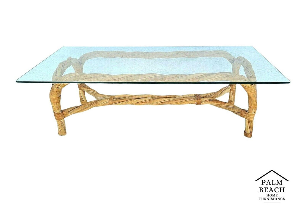 Organic Modern Coastal Twisted Braided Bentwood & Rattan Glass Top Coffee Table