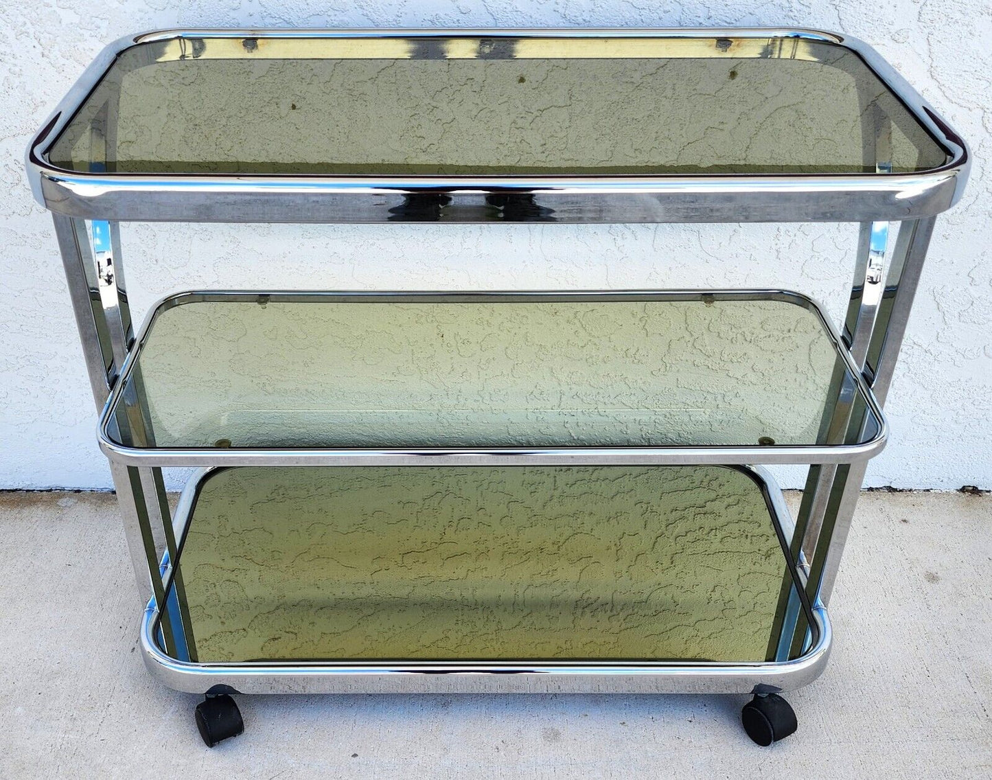 Vintage Chrome Bar Cart Smoked Glass & Mirror Rolling 1980s