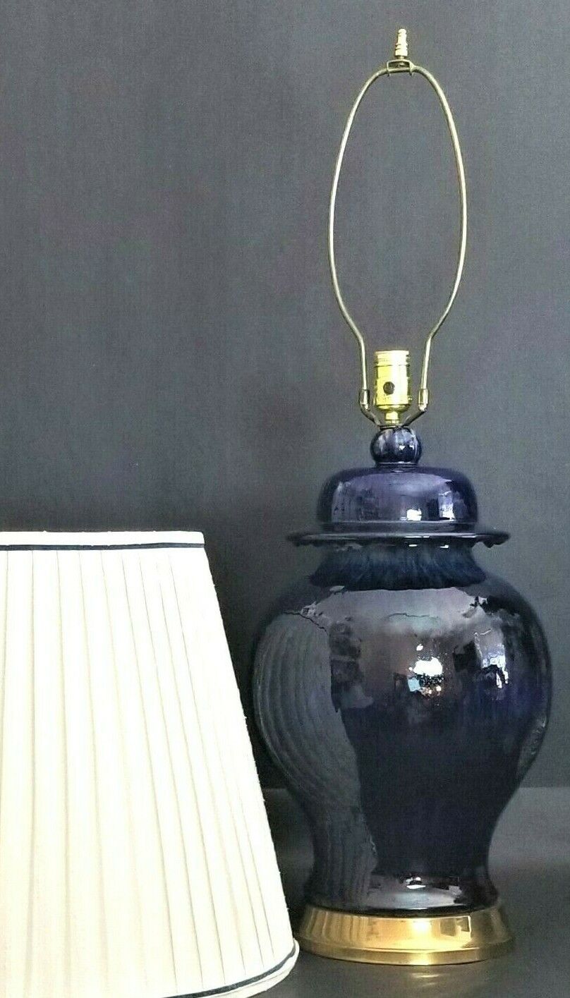 PAUL HANSON Cobalt Blue Drip Glaze Ceramic Ginger Jar Lamp with Matching Shade