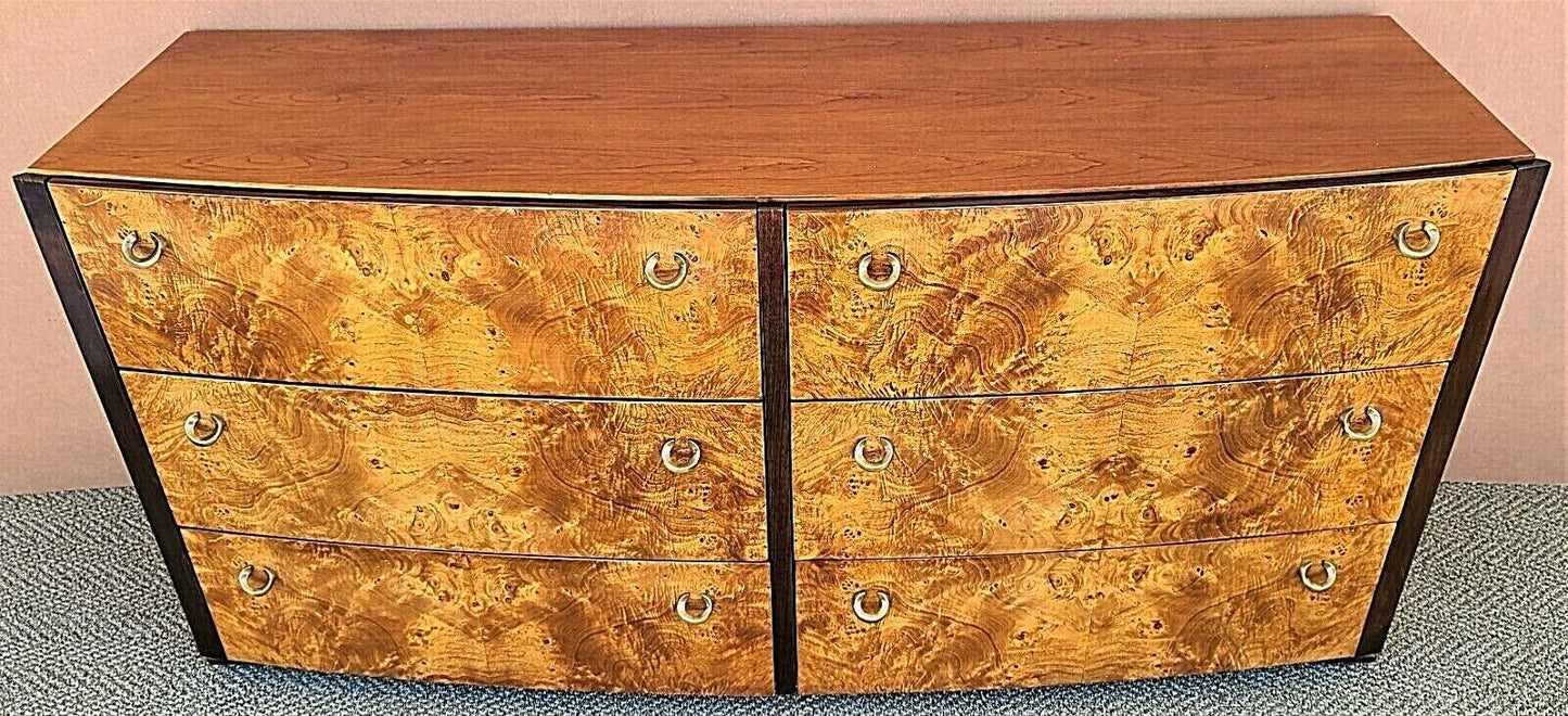 Vtg Mid Century Modern HICKORY WHITE Briar Burl Wood with Brass Pulls Dresser