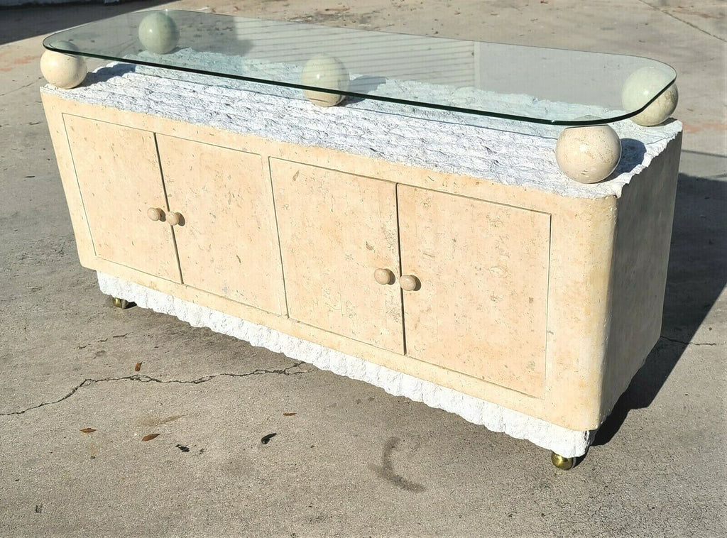 MAITLAND Style Postmodern Tessellated Stone Rolling Credenza Buffet Dry Bar